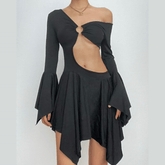 Long flared sleeve irregular solid ruffle o ring hollow out mini dress