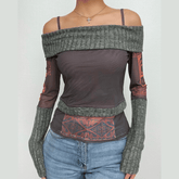 Mesh patchwork knitted contrast off shoulder long sleeve cami top