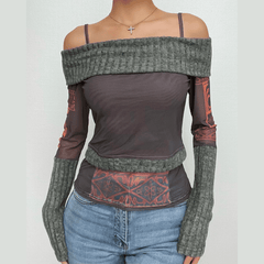 Mesh patchwork knitted contrast off shoulder long sleeve cami top