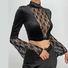 Velvet patchwork lace high neck flared sleeve crop top