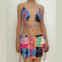 Ruched padded halter contrast print self tie 3 piece swimwear