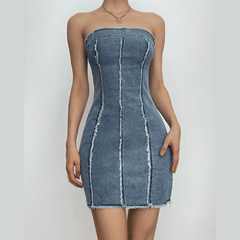 Raw hem zip-up backless contrast denim tube mini dress
