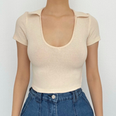 Turnover collar ribbed solid short sleeve crop top