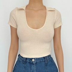 Turnover collar ribbed solid short sleeve crop top
