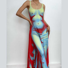 Body pattern u neck ruffle backless contrast cami maxi dress