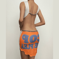 Letter print contrast cowl neck sleeveless metal chain mini dress