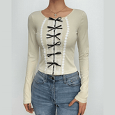 Bowknot contrast lace hem long sleeve top