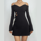 Long sleeve off shoulder textured hollow out cami mini dress - Final Sale