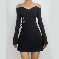 Long sleeve off shoulder textured hollow out cami mini dress - Final Sale