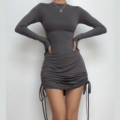 Long sleeve drawstring gloves solid mini dress