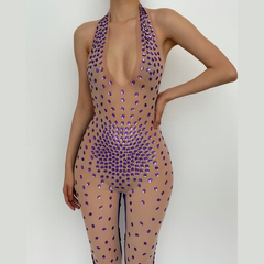 Beaded v neck halter self tie mesh velvet sleeveless jumpsuit