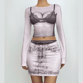 Long sleeve crewneck bikini body print mini skirt set