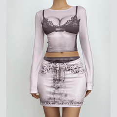 Long sleeve crewneck bikini body print mini skirt set