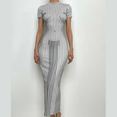 Crewneck body pattern short sleeve striped contrast midi dress