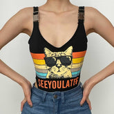 Buckle v neck backless cat pattern contrast sleeveless bodysuit