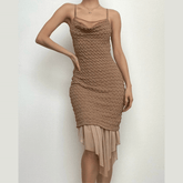 Textured mesh solid ruched irregular cami midi dress