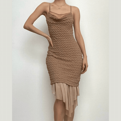 Textured mesh solid ruched irregular cami midi dress
