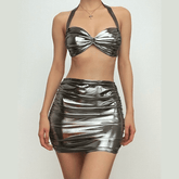 Metallic ruched halter backless low cut mini skirt set