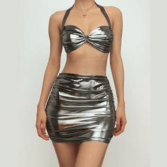 Metallic ruched halter backless low cut mini skirt set