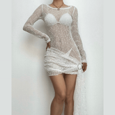 Textured see through o ring irregular long sleeve ruched mini dress