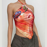 Halter abstract self tie backless contrast top