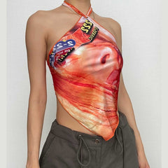 Halter abstract self tie backless contrast top