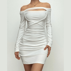 Lace up solid hollow out off shoulder long sleeve mini dress