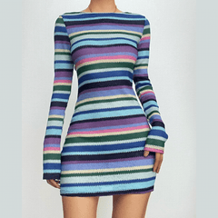 Long sleeve crewneck knitted backless striped self tie mini dress
