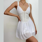 Button patchwork chiffon ruffle low cut mini dress - Final Sale