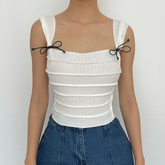Stitch textured square neck sleeveless solid crop top
