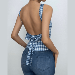 Sleeveless plaid contrast backless bowknot top