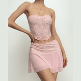 Corset lace patchwork tube ruffle low rise mini skirt set