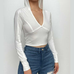 Long sleeve v neck stitch hoodie solid crop top