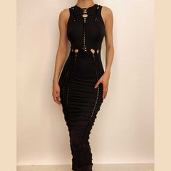 Crewneck sleeveless hollow out solid ruched maxi dress