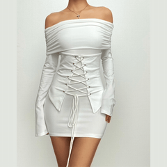 Lace up long sleeve off shoulder ruched solid mini dress