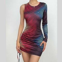 Polka dot contrast one shoulder drawstring irregular mini dress