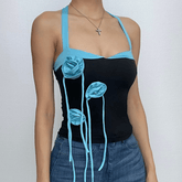 Contrast patchwork sleeveless flower applique v neck backless top