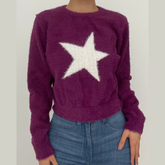 Fluffy star pattern contrast long sleeve crewneck top