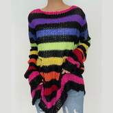 Gradient hollow out contrast striped long sleeve crochet top