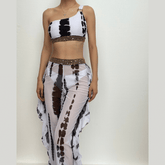 Tie dye ruffle padded one shoulder o ring contrast 3 piece swimwear