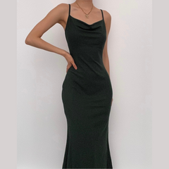 Sleeveless solid ribbed cowl neck backless ruffle maxi dress