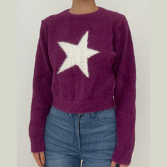Fluffy star pattern contrast long sleeve crewneck top