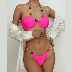 Flower embroidery backless padded contrast bikini swimwear