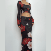 Flower print square neck long sleeve contrast maxi skirt set