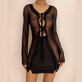 Long sleeve contrast print self tie ruffle mini dress