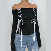 Lace up ruched off shoulder contrast long sleeve top