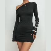 Long sleeve one shoulder irregular bowknot hollow out mini dress