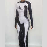 Long sleeve contrast gloves crewneck abstract midi dress