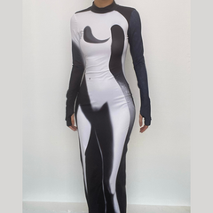 Long sleeve contrast gloves crewneck abstract midi dress
