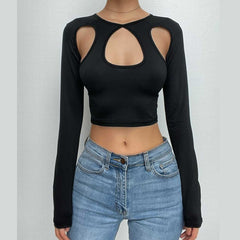 Long sleeve hollow out gloves solid crop top